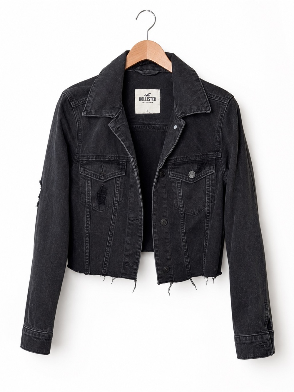 Hollister Black Distressed Denim Jacket Women’s Small Cropped Raw Hem Y2K Style